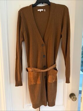 Minnie Rose Long Sleeve Brown Knit Cardigan Dress with Belt